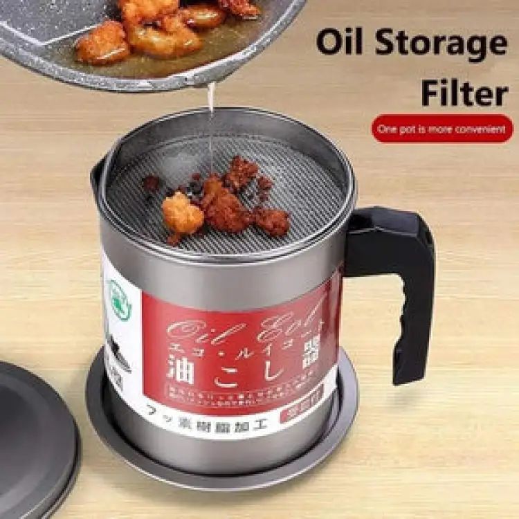 Easy Kitchen Oil Filter Pot Oil Strainer Pot Stainless Steel Grease Strainer Oil Storage Pot Oil Container Stainless Steel Oiler Tank Container Grease Keeper with Filter Dust Lid Non slip Handle for Frying Oil and Cooking Grease