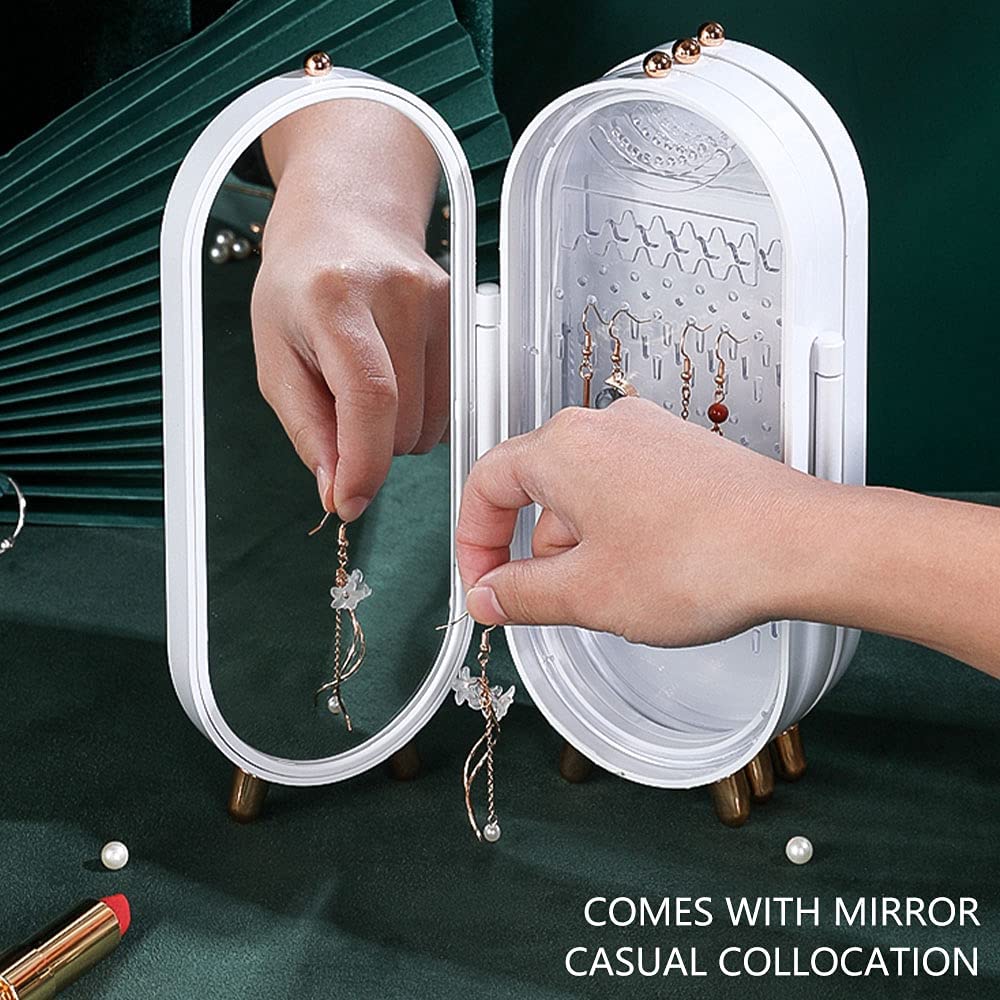 Jewellery Box Organiser with Mirror - Foldable Exquisite Dustproof Jewelry Storage Case Multi-Function Screen Shaped Metal Display Jewelry Stand for Earring - Necklace & Bracelet