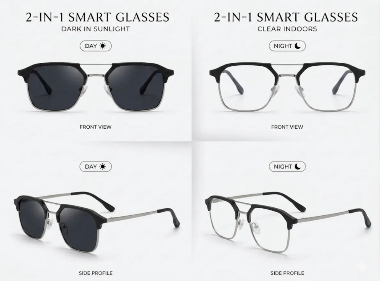 2-in-1 Photochromic Smart Glasses – Auto Darkening UV Protection Eyewear