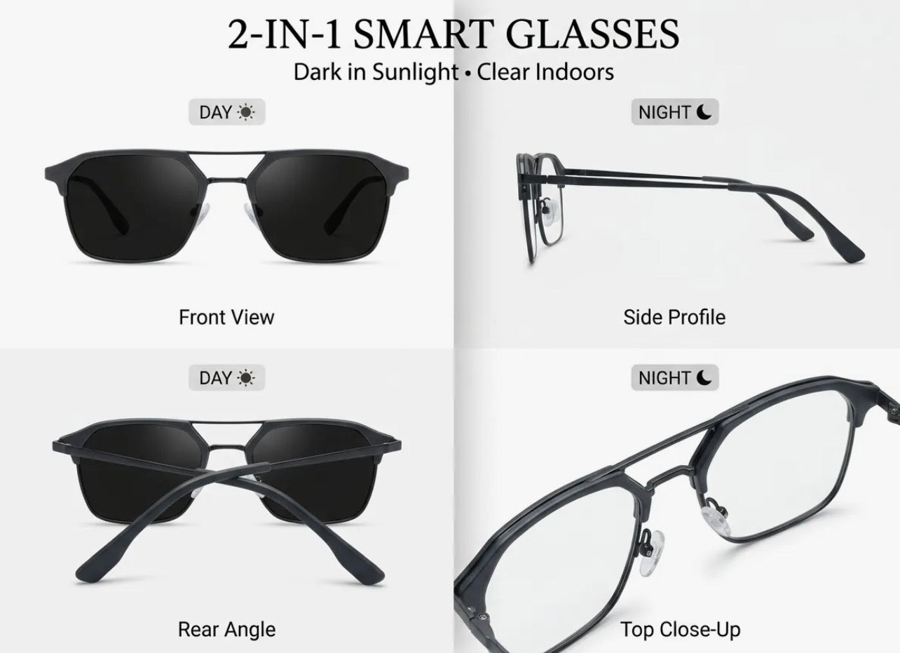 2-in-1 Photochromic Smart Glasses – Auto Darkening UV Protection Eyewear