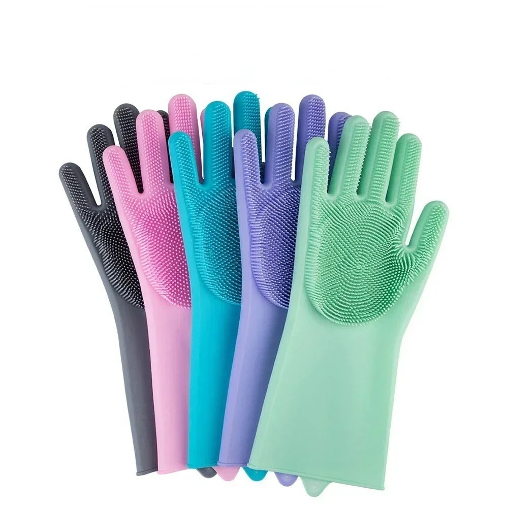 Gloves | Reusable Heat-Resistant Rubber Cleaning Gloves with Built-In Scrubber for Kitchen, Dishes, Car, Bathroom & Household Use