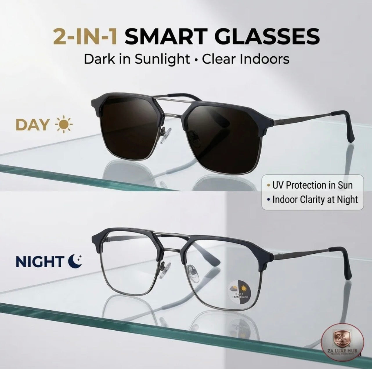 2-in-1 Photochromic Smart Glasses – Auto Darkening UV Protection Eyewear